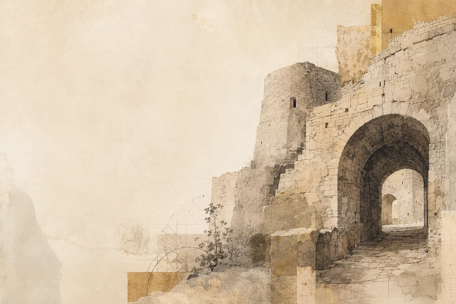 Dekorativna editorial ilustracija tvrđave, nije istorijski precizan prikaz Kastela